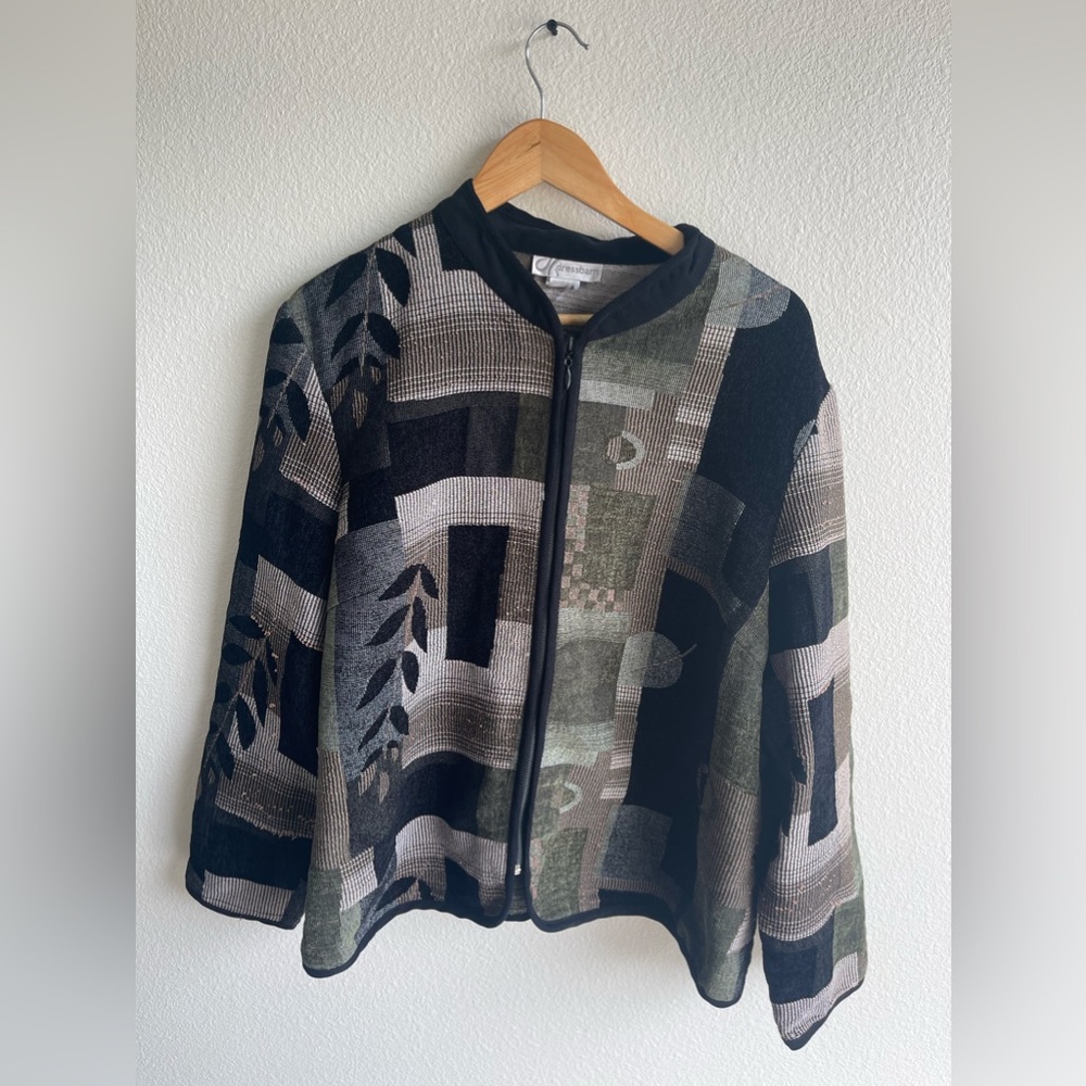 Dress Barn Tapestry Jacket Womens XL Full Zip Black Green